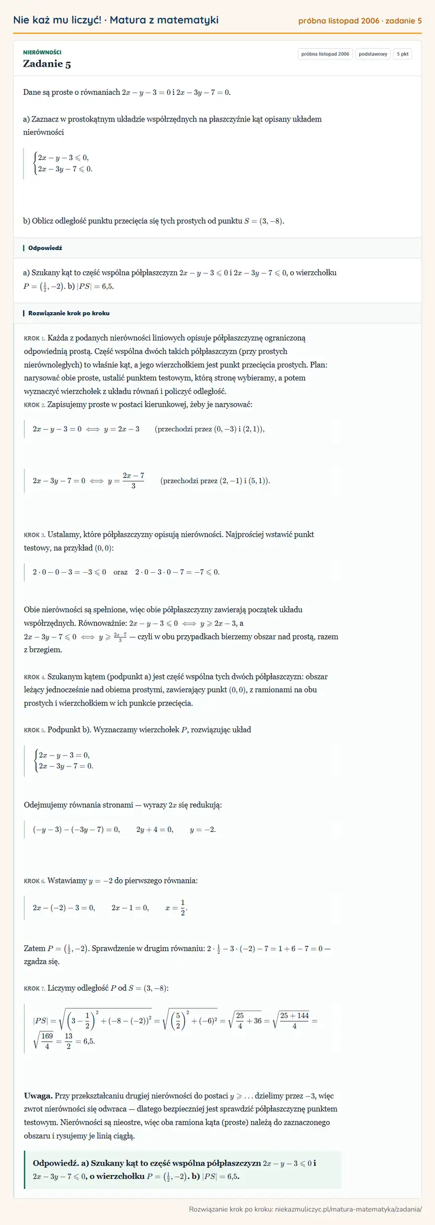 Rozwiązanie zadania 5 (matura z matematyki próbna listopad 2006): Dane są proste o równaniach 2x-y-3=0 i 2x-3y-7=0. a) Zaznacz w prostokątnym układzie współrzędnych na…