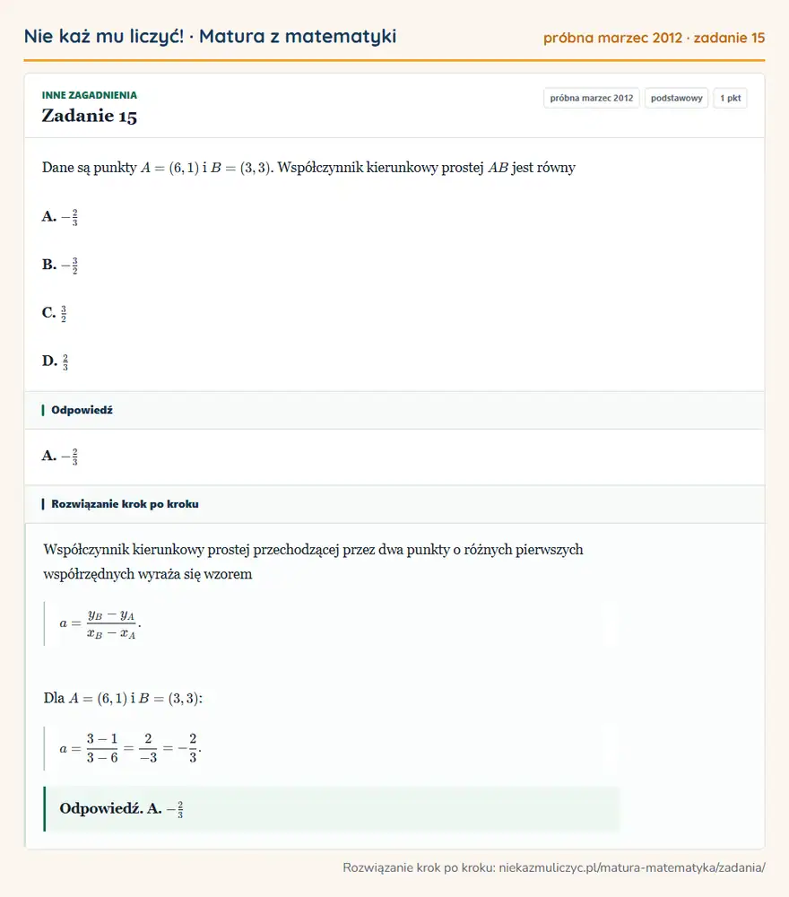 Rozwiązanie zadania 15 (matura z matematyki próbna marzec 2012): Dane są punkty A=(6,1) i B=(3,3). Współczynnik kierunkowy prostej AB jest równy A. -23 B. -32 C. 32 D. 23