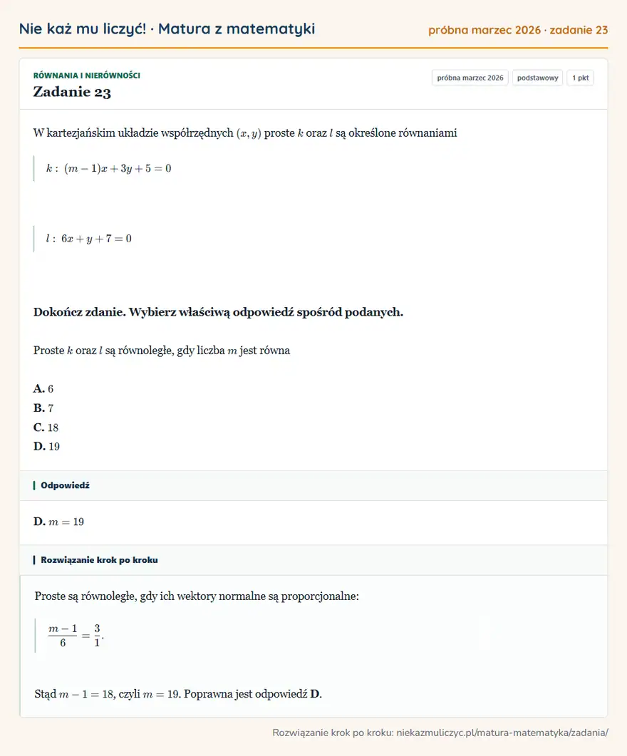 Rozwiązanie zadania 23 (matura z matematyki próbna marzec 2026): W kartezjańskim układzie współrzędnych (x,y) proste k oraz l są określone równaniami k: (m-1)x+3y+5=0 l…