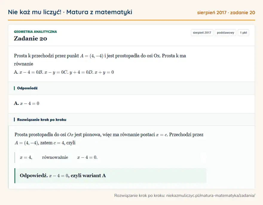 Rozwiązanie zadania 20 (matura z matematyki sierpień 2017): Prosta k przechodzi przez punkt A = ( 4, - 4 ) i jest prostopadła do osi Ox. Prosta k ma równanie A. x - 4 =…