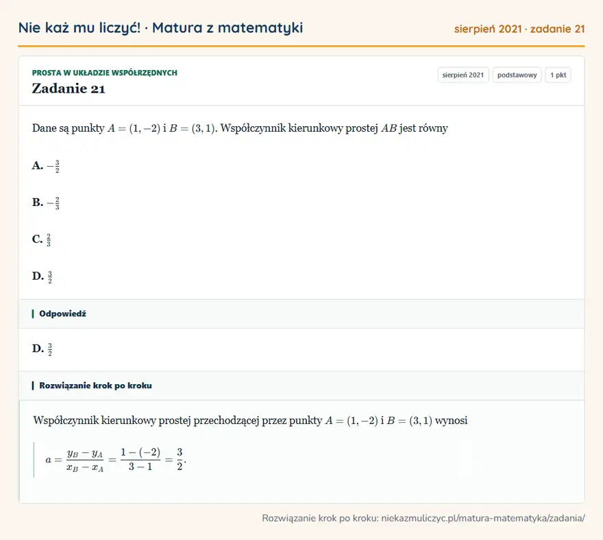 Rozwiązanie zadania 21 (matura z matematyki sierpień 2021): Dane są punkty A=(1,-2) i B=(3,1). Współczynnik kierunkowy prostej AB jest równy A. -32 B. -23 C. 23 D. 32