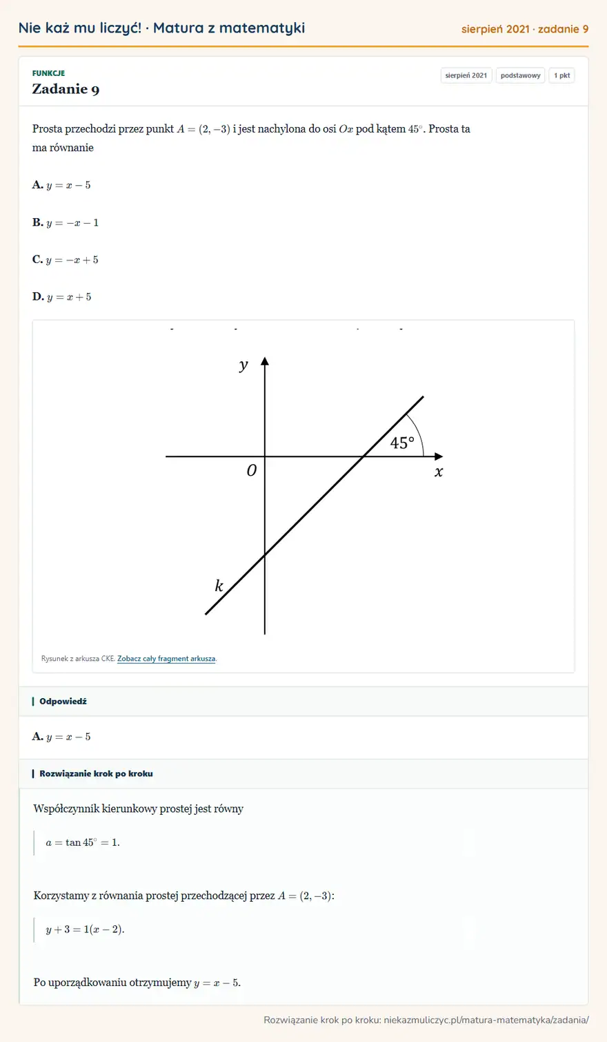 Rozwiązanie zadania 9 (matura z matematyki sierpień 2021): Prosta przechodzi przez punkt A=(2,-3) i jest nachylona do osi Ox pod kątem 45°. Prosta ta ma równanie A…