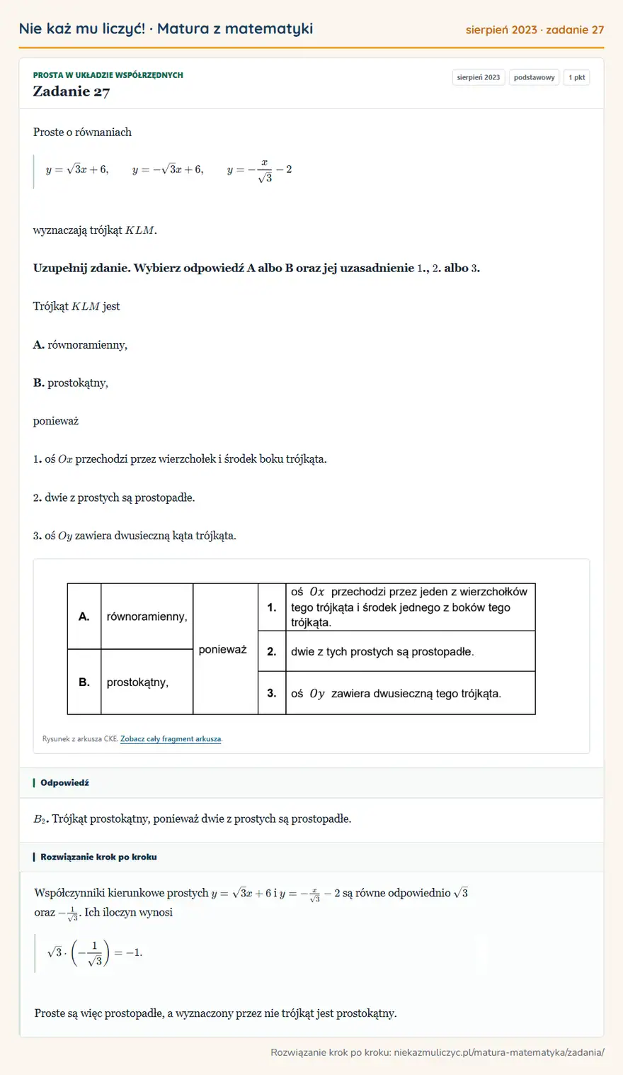 Rozwiązanie zadania 27 (matura z matematyki sierpień 2023): Proste o równaniach y=√3x+6, y=-√3x+6, y=-x/√3-2 wyznaczają trójkąt KLM. Uzupełnij zdanie. Wybierz odpowiedź…