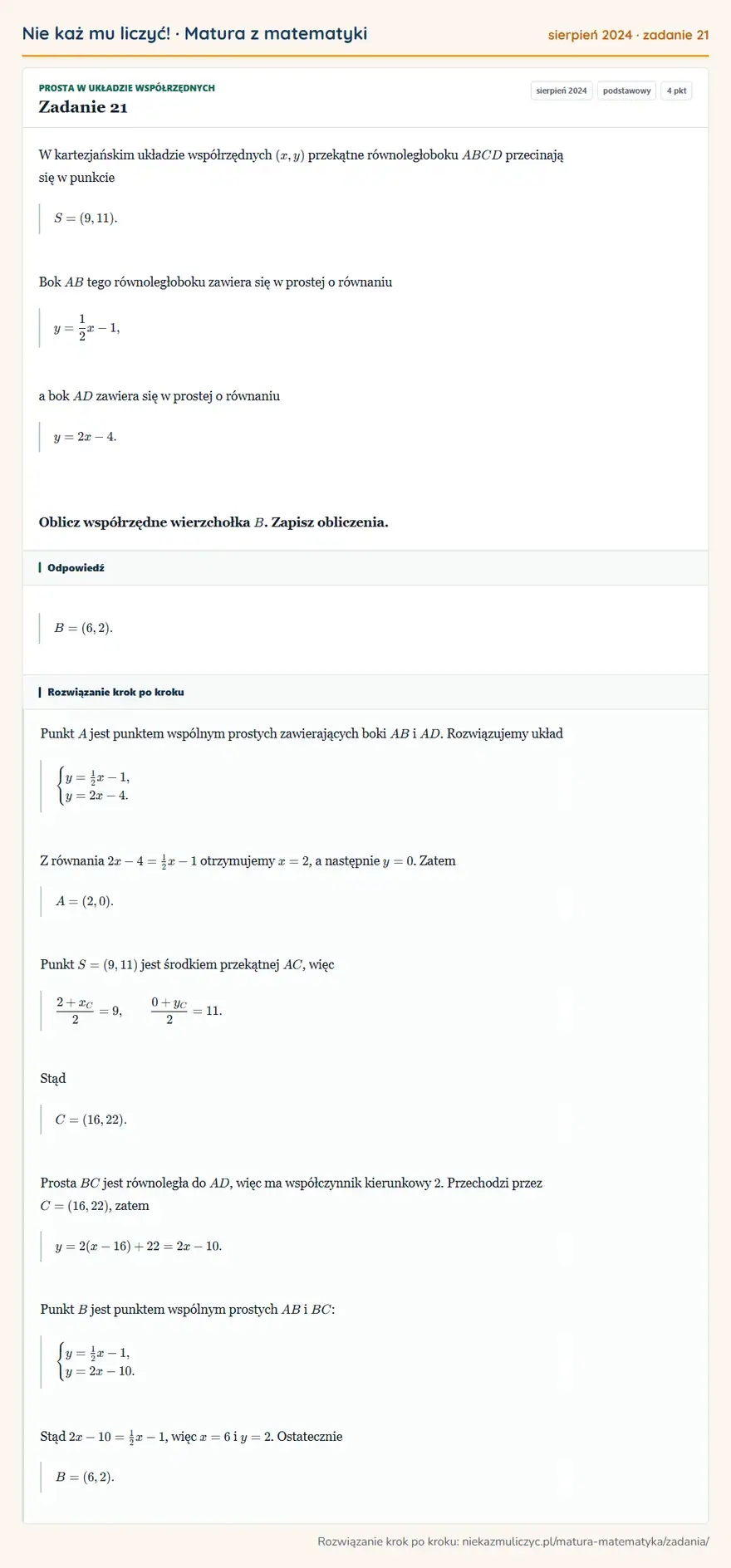 Rozwiązanie zadania 21 (matura z matematyki sierpień 2024): W kartezjańskim układzie współrzędnych (x,y) przekątne równoległoboku ABCD przecinają się w punkcie S=(9,11)…