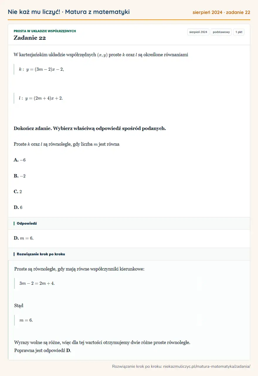 Rozwiązanie zadania 22 (matura z matematyki sierpień 2024): W kartezjańskim układzie współrzędnych (x,y) proste k oraz l są określone równaniami k: y=(3m-2)x-2, l…