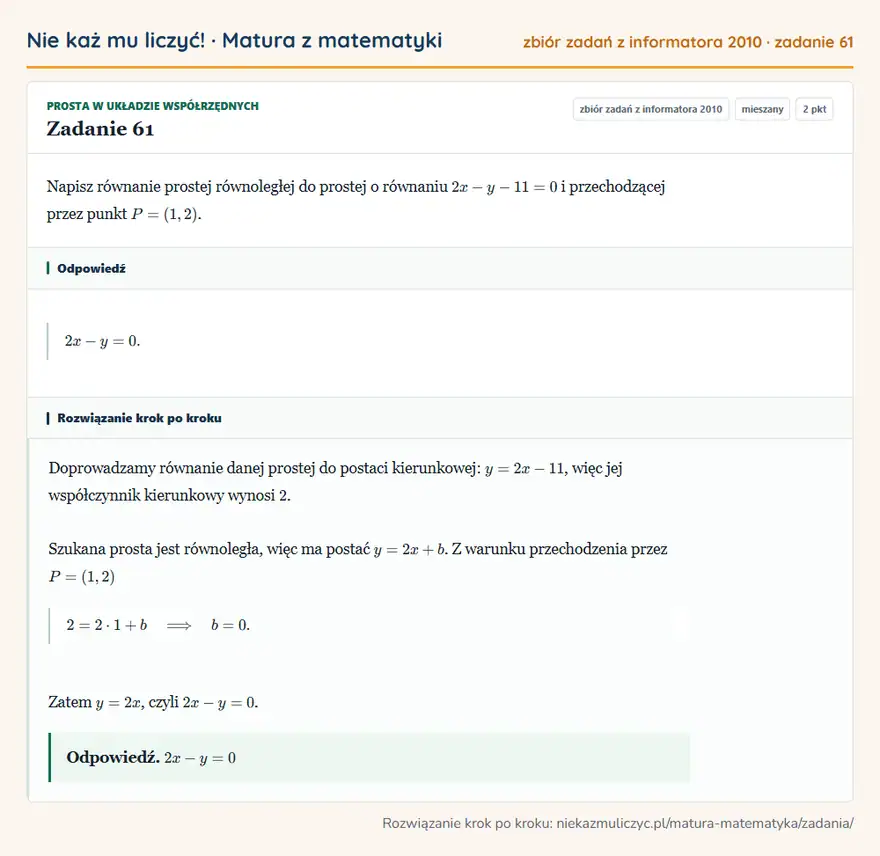 Rozwiązanie zadania 61, zbiór zadań z informatora CKE 2010, poziom mieszany: Napisz równanie prostej równoległej do prostej o równaniu 2x-y-11=0 i przechodzącej przez punkt P=(1,2). Odpowiedź: 2x-y=0