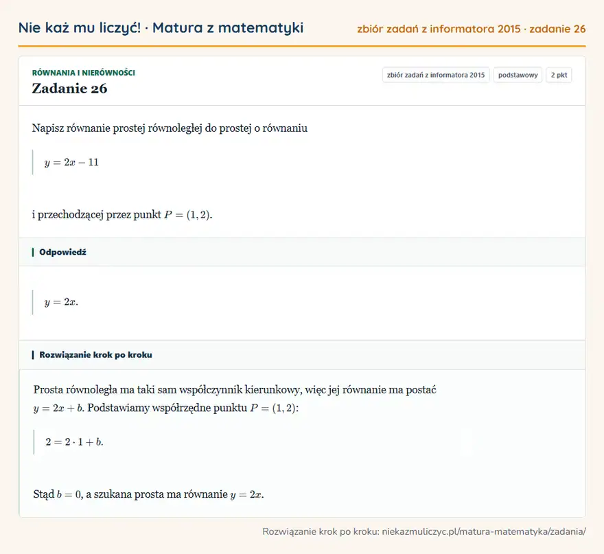 Rozwiązanie zadania 26, zbiór zadań z informatora CKE 2015, poziom podstawowy: Napisz równanie prostej równoległej do prostej o równaniu y=2x-11 i przechodzącej przez punkt P=(1,2). Odpowiedź: y=2x