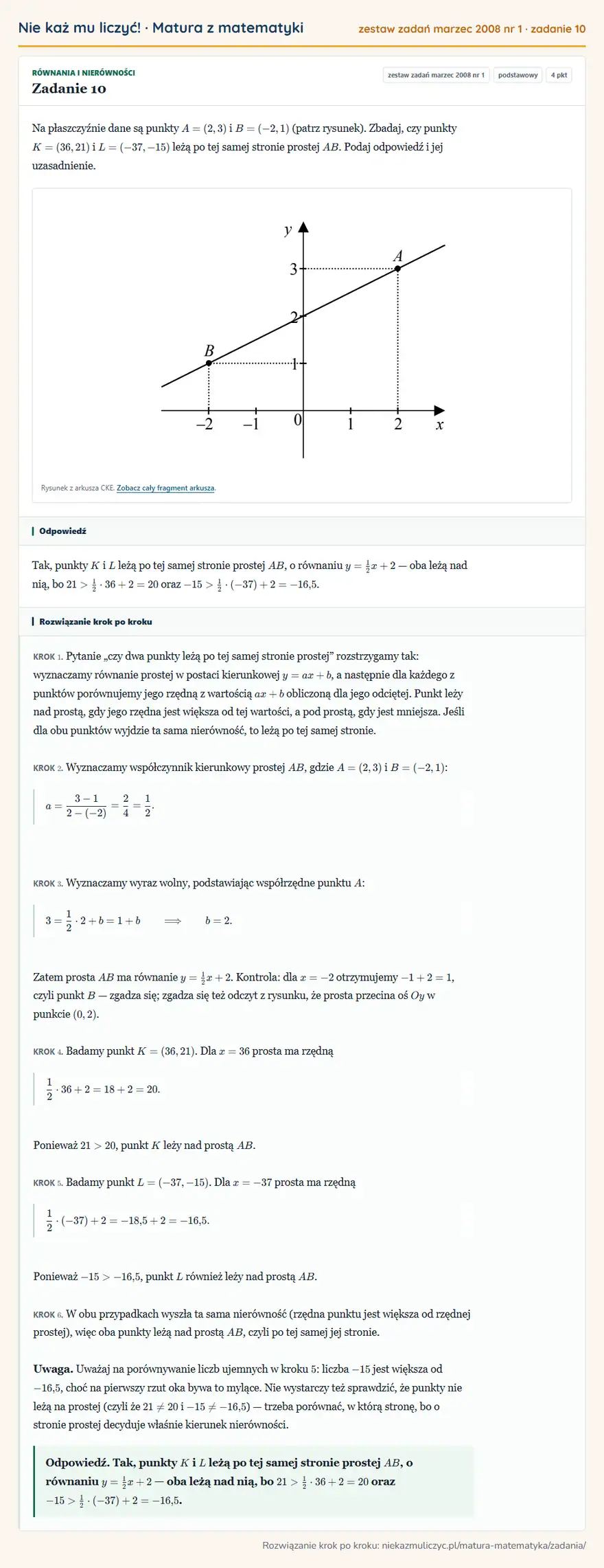 Rozwiązanie zadania 10, matura z matematyki zestaw zadań marzec 2008 nr 1, poziom podstawowy: Na płaszczyźnie dane są punkty A=(2,3) i B=(-2,1) (patrz rysunek). Zbadaj, czy punkty K=(36,21) i L=(-37,-15)…