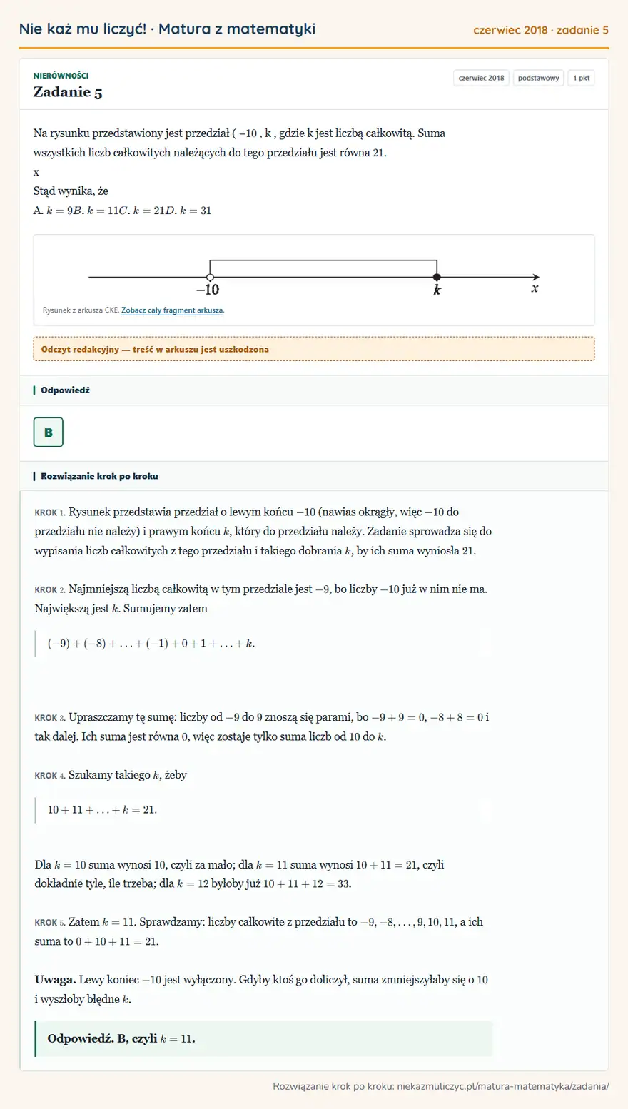 Rozwiązanie zadania 5 (matura z matematyki czerwiec 2018): Na rysunku przedstawiony jest przedział ( − 10, k, gdzie k jest liczbą całkowitą. Suma wszystkich liczb…