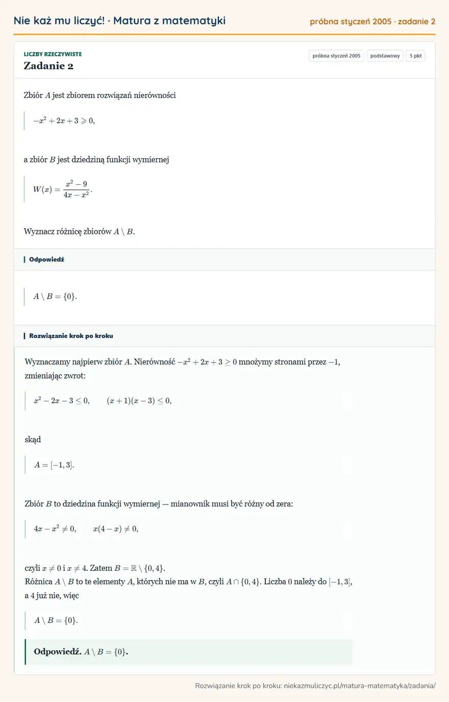Rozwiązanie zadania 2, matura z matematyki próbna styczeń 2005, poziom podstawowy: Zbiór A jest zbiorem rozwiązań nierówności -x²+2x+3≥slant0, a zbiór B jest dziedziną funkcji wymiernej… Odpowiedź: A B=\0\