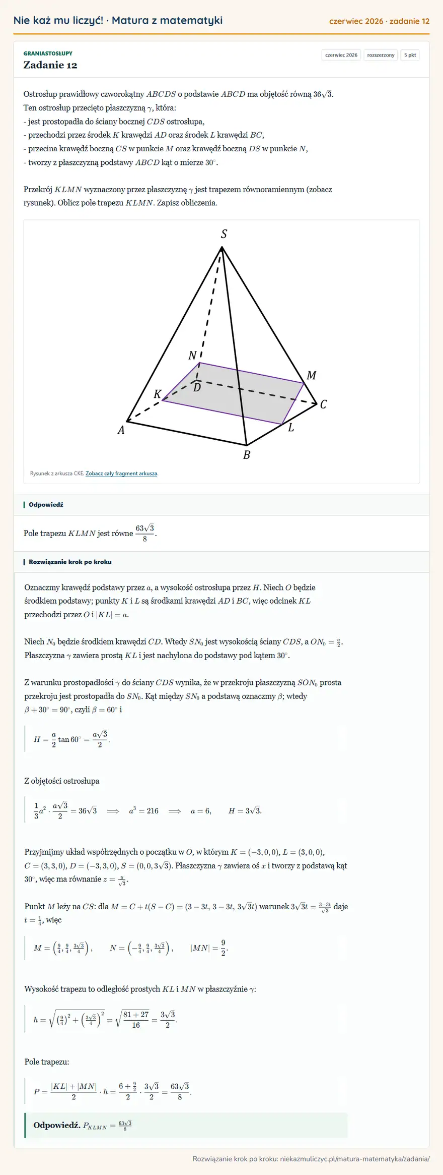 Rozwiązanie zadania 12 (matura z matematyki czerwiec 2026): Ostrosłup prawidłowy czworokątny ABCDS o podstawie ABCD ma objętość równą 36√3. Ten ostrosłup przecięto…
