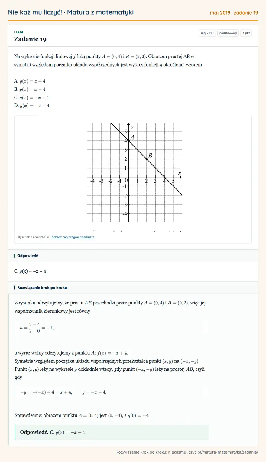 Rozwiązanie zadania 19 (matura z matematyki maj 2019): Na wykresie funkcji liniowej f leżą punkty A = (0, 4) i B = (2, 2). Obrazem prostej AB w symetrii względem…