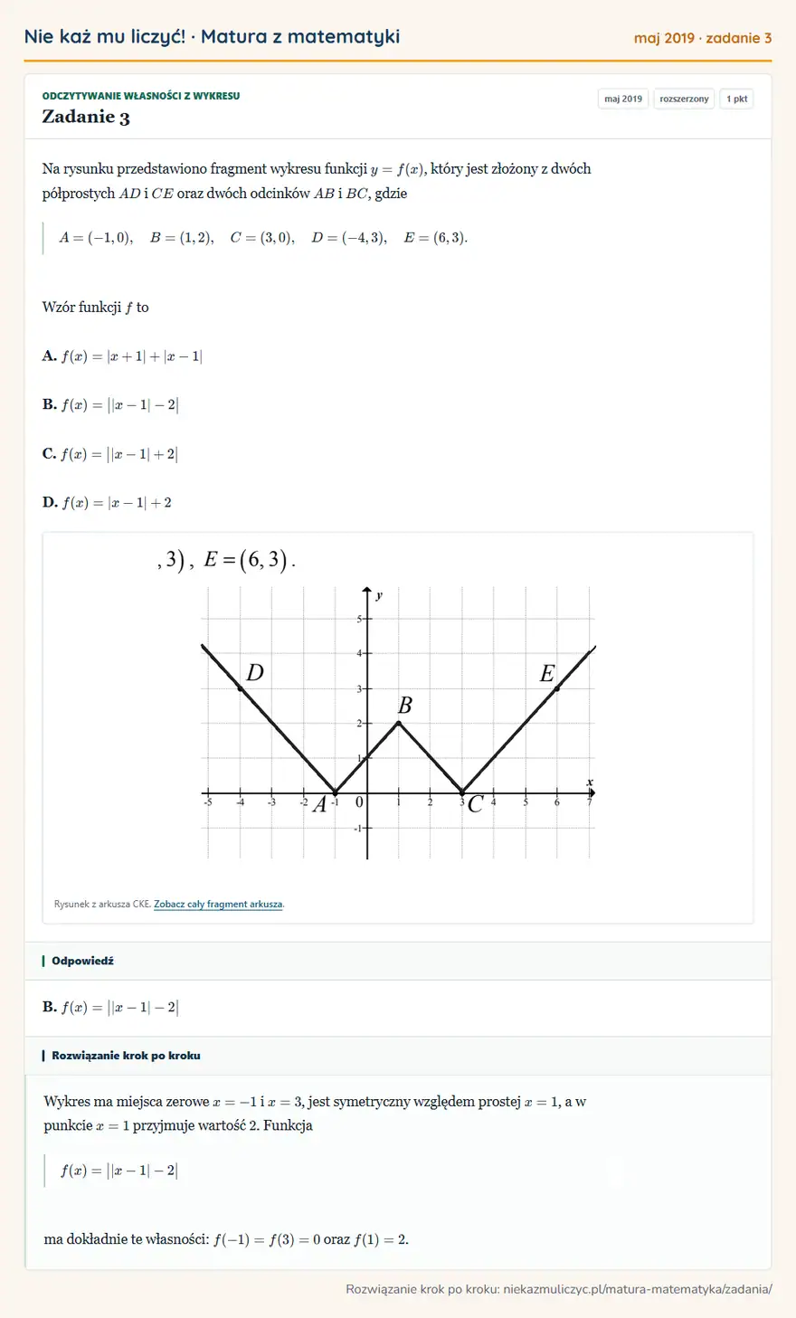 Rozwiązanie zadania 3 (matura z matematyki maj 2019): Na rysunku przedstawiono fragment wykresu funkcji y=f(x), który jest złożony z dwóch półprostych AD i CE oraz…
