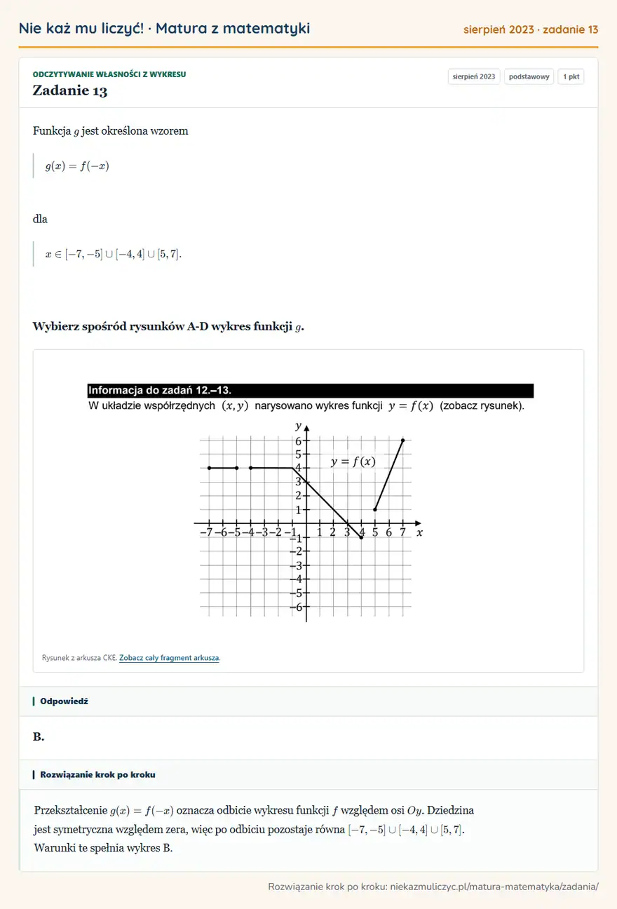 Rozwiązanie zadania 13 (matura z matematyki sierpień 2023): Funkcja g jest określona wzorem g(x)=f(-x) dla x∈[-7,-5][-4,4][5,7]. Wybierz spośród rysunków A-D wykres…