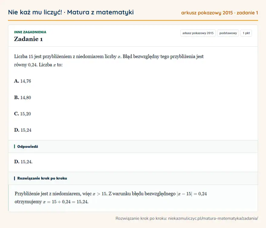 Rozwiązanie zadania 1 (matura z matematyki, arkusz pokazowy 2015): Liczba 15 jest przybliżeniem z niedomiarem liczby x. Błąd bezwzględny tego przybliżenia jest równy 0,24…