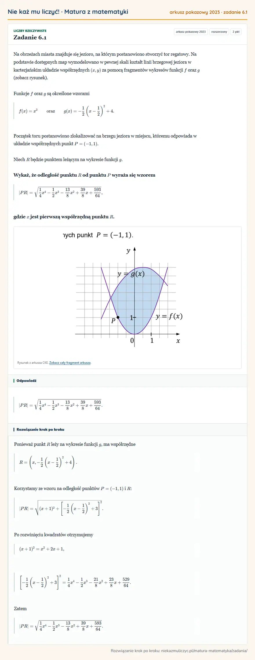 Rozwiązanie zadania 6.1, matura z matematyki, arkusz pokazowy 2023, poziom rozszerzony: Na obrzeżach miasta znajduje się jezioro, na którym postanowiono stworzyć tor regatowy. Na podstawie… Odpowiedź: |PR|=1/4x⁴-1/2x³-13/8x²+39/8x+593/64