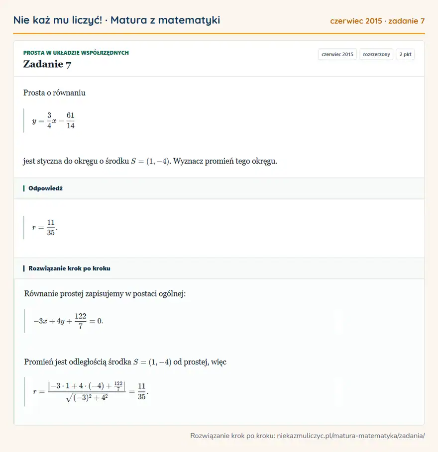 Rozwiązanie zadania 7 (matura z matematyki czerwiec 2015): Prosta o równaniu y=34x-61/14 jest styczna do okręgu o środku S=(1,-4). Wyznacz promień tego okręgu.