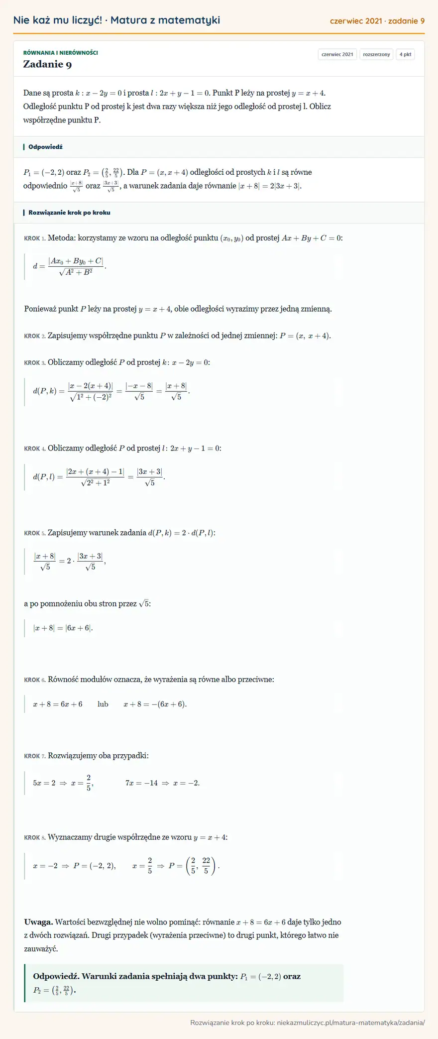 Rozwiązanie zadania 9 (matura z matematyki czerwiec 2021): Dane są prosta k: x-2y=0 i prosta l: 2x+y-1=0. Punkt P leży na prostej y=x+4. Odległość punktu P od prostej k…