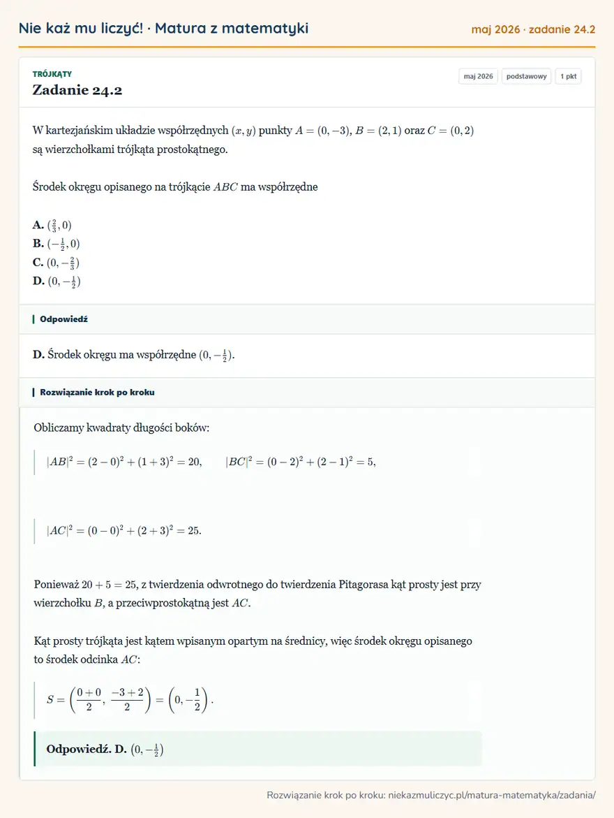 Rozwiązanie zadania 24.2 (matura z matematyki maj 2026): W kartezjańskim układzie współrzędnych (x,y) punkty A=(0,-3), B=(2,1) oraz C=(0,2) są wierzchołkami trójkąta…