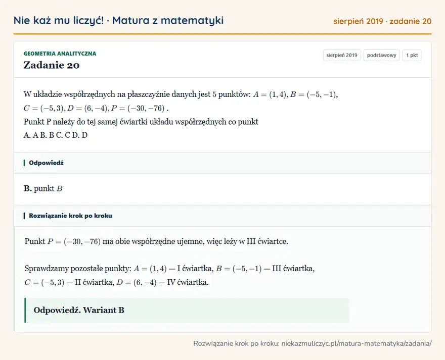 Rozwiązanie zadania 20 (matura z matematyki sierpień 2019): W układzie współrzędnych na płaszczyźnie danych jest 5 punktów: A = ( 1, 4 ), B = ( -5, -1 ), C = ( -5, 3 )…