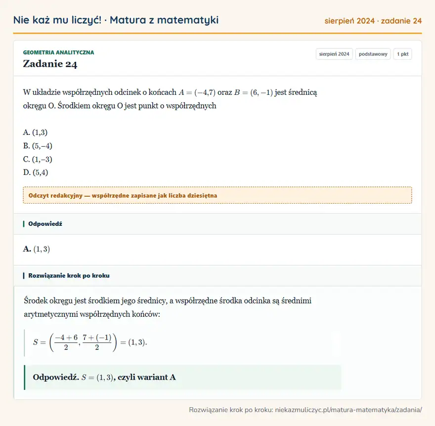 Rozwiązanie zadania 24 (matura z matematyki sierpień 2024): W układzie współrzędnych odcinek o końcach A=(-4,7) oraz B=(6,-1) jest średnicą okręgu O. Środkiem okręgu O…
