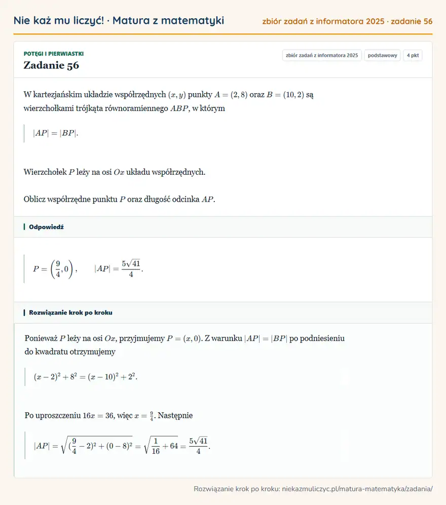 Rozwiązanie zadania 56 (zbiór zadań z informatora CKE 2025): W kartezjańskim układzie współrzędnych (x,y) punkty A=(2,8) oraz B=(10,2) są wierzchołkami trójkąta…