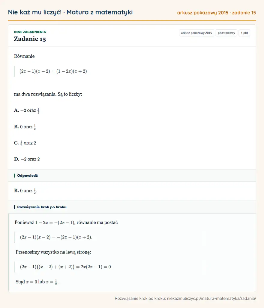 Rozwiązanie zadania 15, matura z matematyki, arkusz pokazowy 2015, poziom podstawowy: Równanie (2x-1)(x-2)=(1-2x)(x+2) ma dwa rozwiązania. Są to liczby: A. -2 oraz 1/2 B. 0 oraz 1/2 C. 1/2 oraz 2… Odpowiedź: B. 0 oraz 1/2