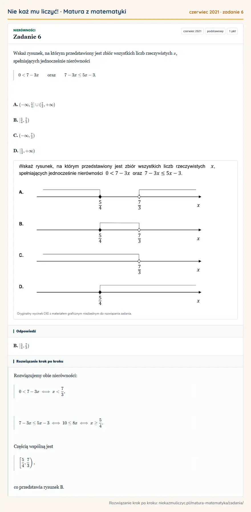 Rozwiązanie zadania 6 (matura z matematyki czerwiec 2021): Wskaż rysunek, na którym przedstawiony jest zbiór wszystkich liczb rzeczywistych x, spełniających…