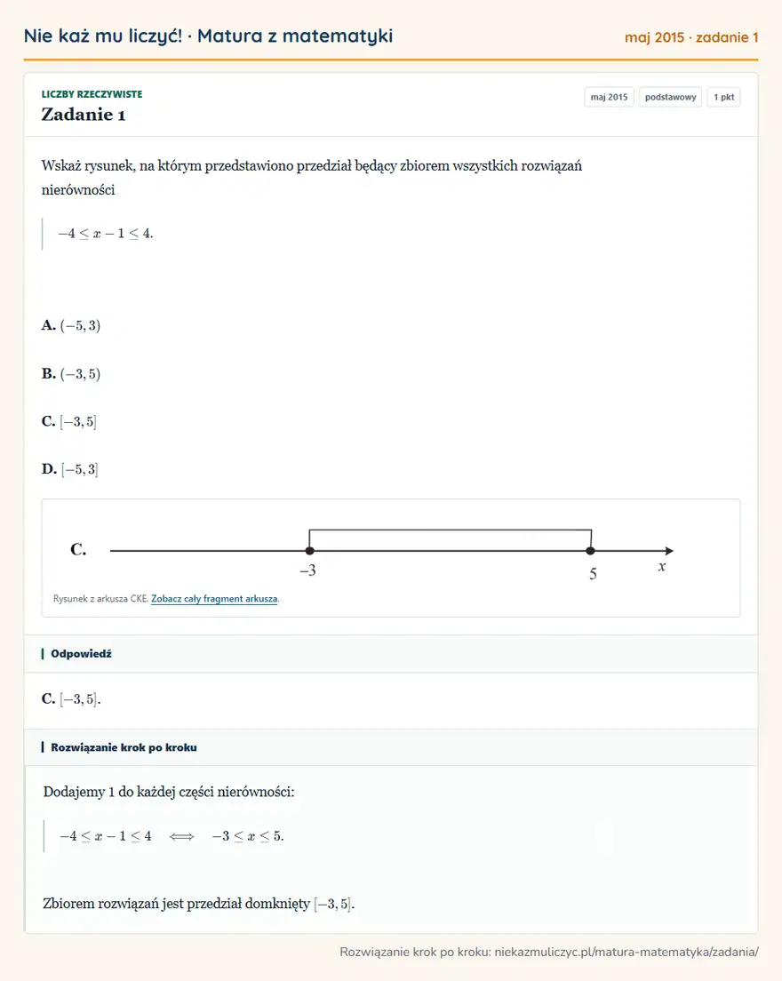 Rozwiązanie zadania 1 (matura z matematyki maj 2015): Wskaż rysunek, na którym przedstawiono przedział będący zbiorem wszystkich rozwiązań nierówności -4≤ x-1≤4…