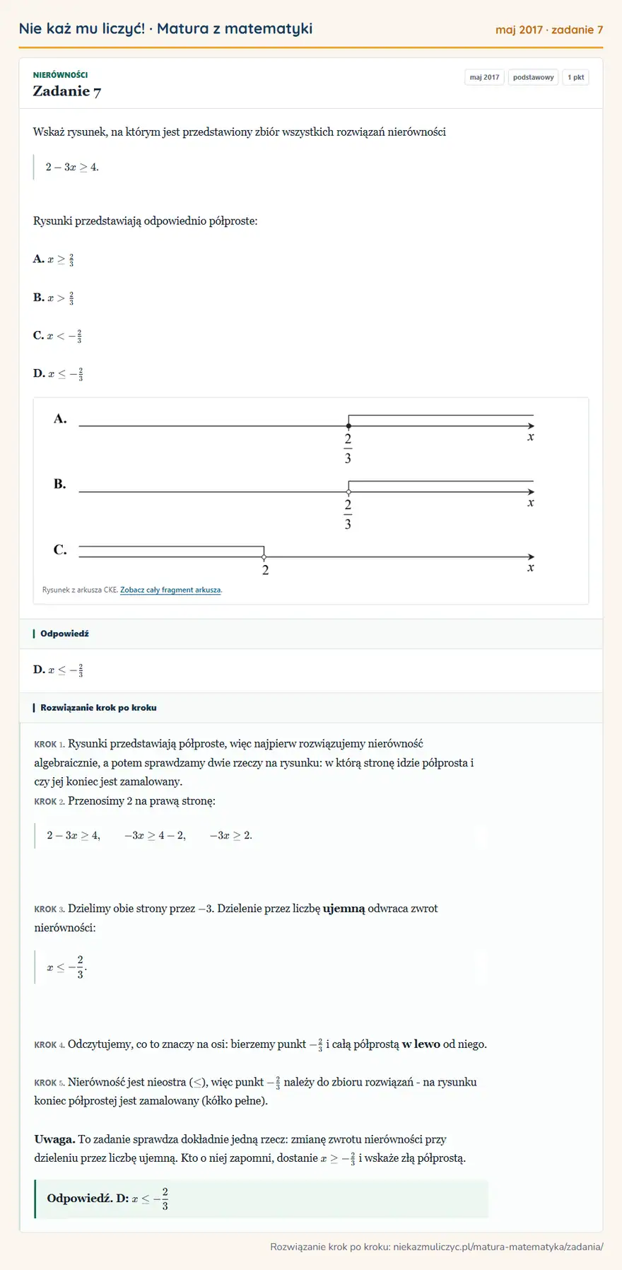 Rozwiązanie zadania 7 (matura z matematyki maj 2017): Wskaż rysunek, na którym jest przedstawiony zbiór wszystkich rozwiązań nierówności 2-3x≥4. Rysunki…