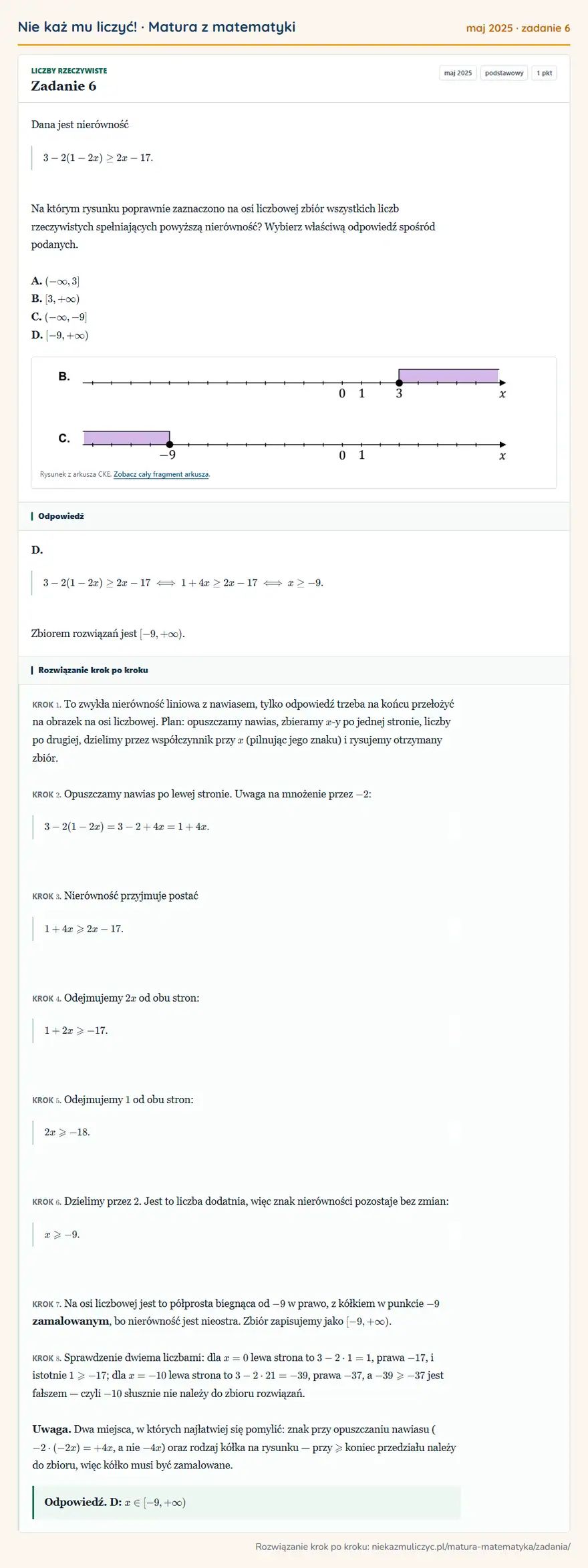 Rozwiązanie zadania 6 (matura z matematyki maj 2025): Dana jest nierówność 3-2(1-2x)≥2x-17. Na którym rysunku poprawnie zaznaczono na osi liczbowej zbiór…