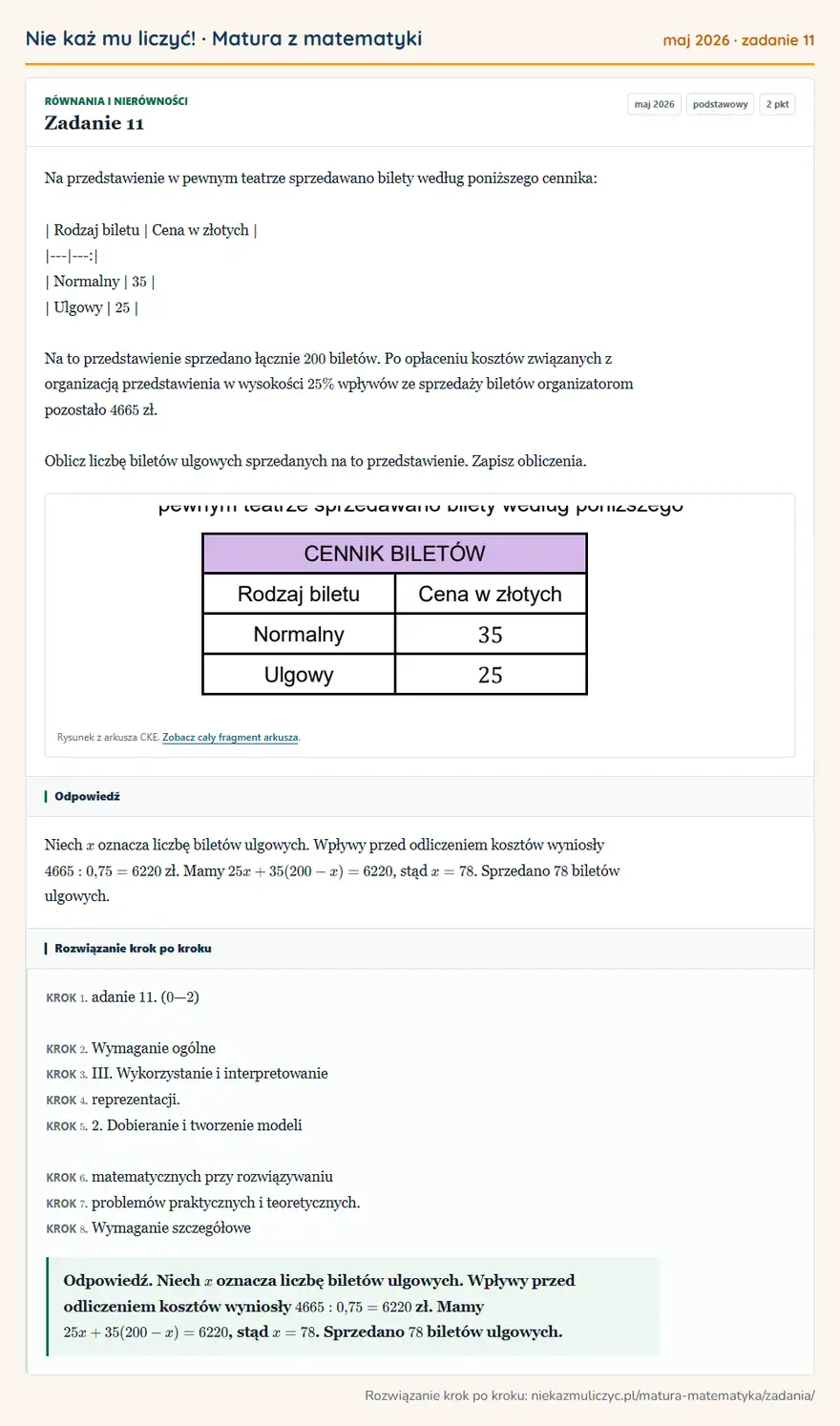 Rozwiązanie zadania 11 (matura z matematyki maj 2026): Na przedstawienie w pewnym teatrze sprzedawano bilety według poniższego cennika: | Rodzaj biletu | Cena w…
