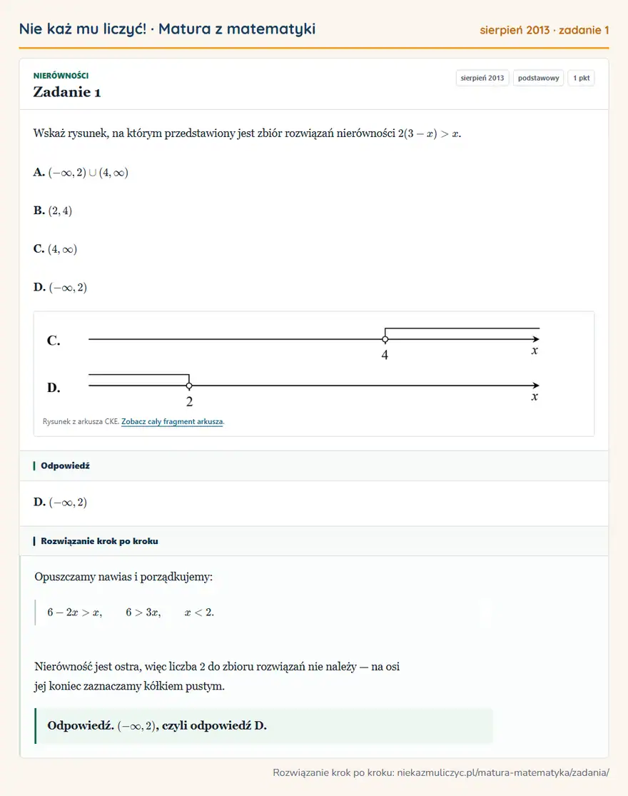 Rozwiązanie zadania 1 (matura z matematyki sierpień 2013): Wskaż rysunek, na którym przedstawiony jest zbiór rozwiązań nierówności 2(3-x)>x. A. ( -∞,2)(4,∞) B. (2,4) C…