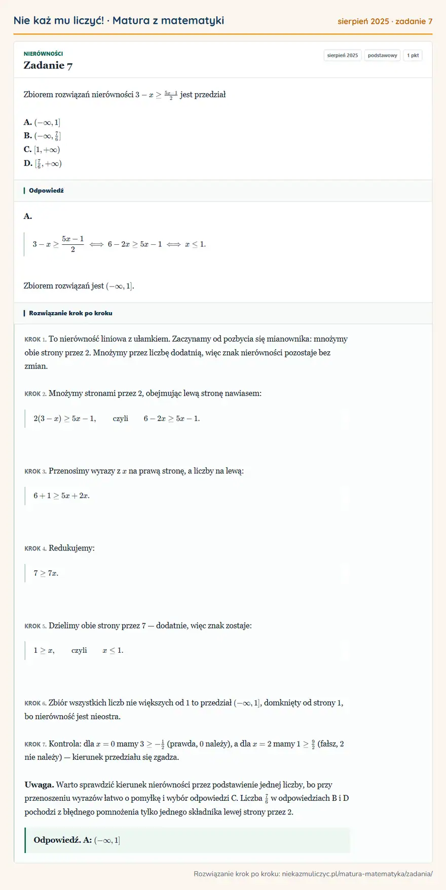 Rozwiązanie zadania 7 (matura z matematyki sierpień 2025): Zbiorem rozwiązań nierówności 3-x≥5x-1/2 jest przedział A. ( -∞,1] B. ( -∞,76] C. [1,+∞) D. [76,+∞)