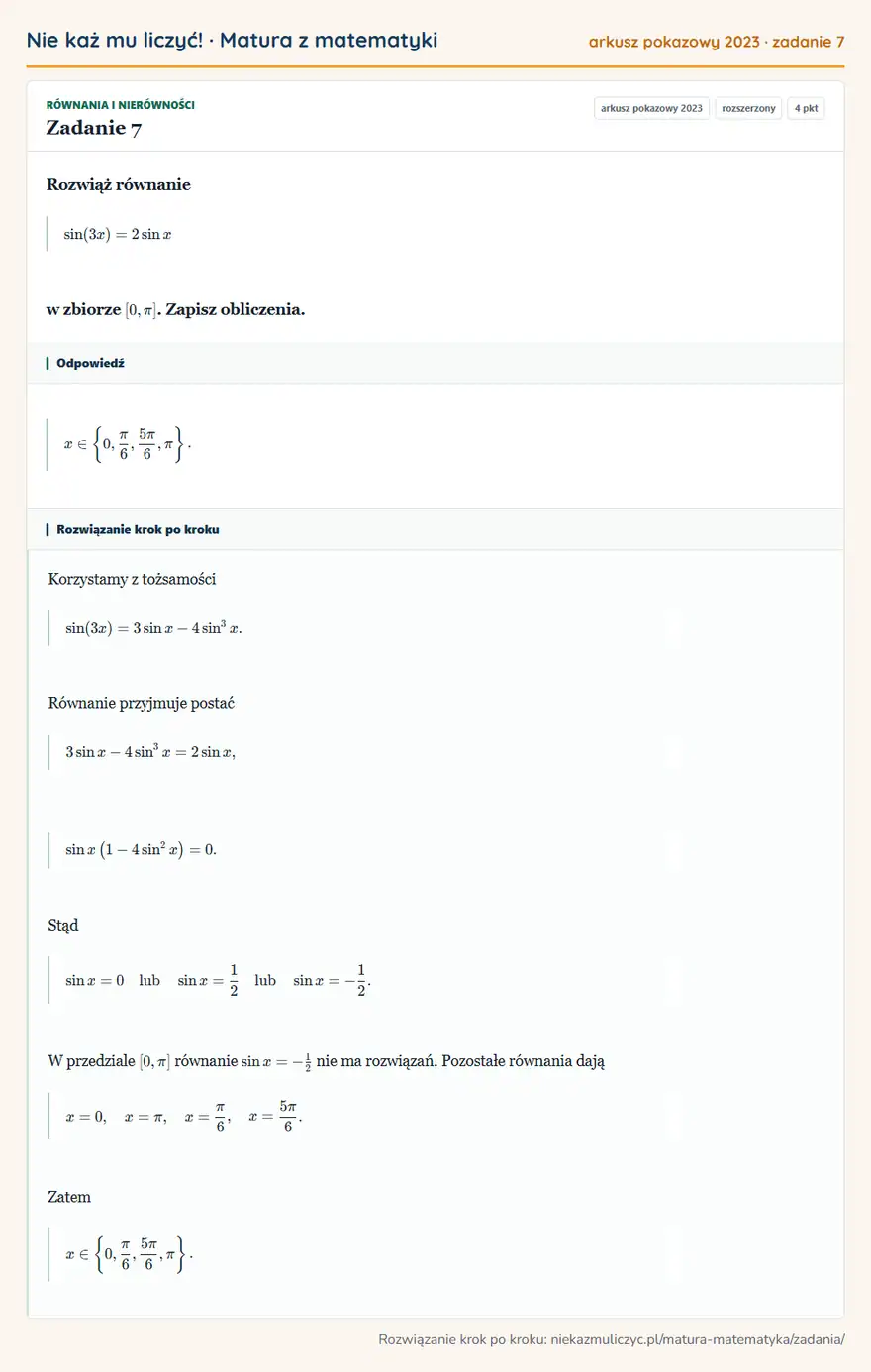 Rozwiązanie zadania 7 (matura z matematyki, arkusz pokazowy 2023): Rozwiąż równanie sin(3x)=2sin x w zbiorze [0,π]. Zapisz obliczenia.