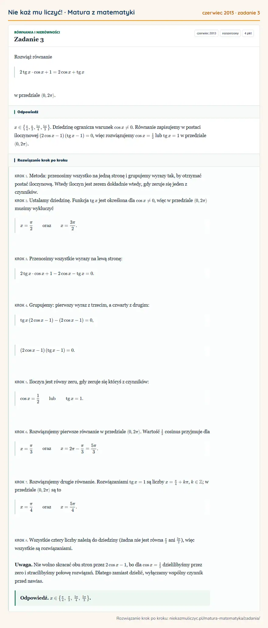 Rozwiązanie zadania 3 (matura z matematyki czerwiec 2013): Rozwiąż równanie 2tgx·cos x+1=2cos x+tgx w przedziale 0,2π.