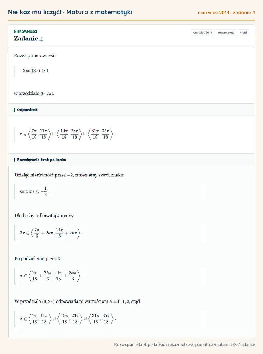 Rozwiązanie zadania 4 (matura z matematyki czerwiec 2014): Rozwiąż nierówność -2sin(3x)≥1 w przedziale 0,2π.