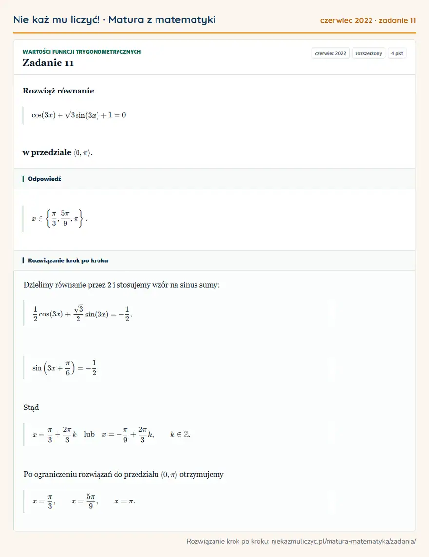 Rozwiązanie zadania 11 (matura z matematyki czerwiec 2022): Rozwiąż równanie cos(3x)+√3sin(3x)+1=0 w przedziale 0,π.