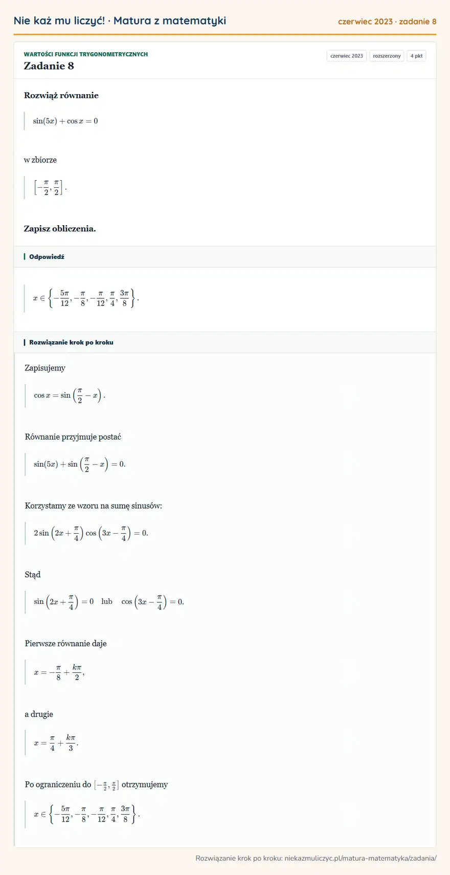 Rozwiązanie zadania 8 (matura z matematyki czerwiec 2023): Rozwiąż równanie sin(5x)+cos x=0 w zbiorze [-π2,π2 ]. Zapisz obliczenia.