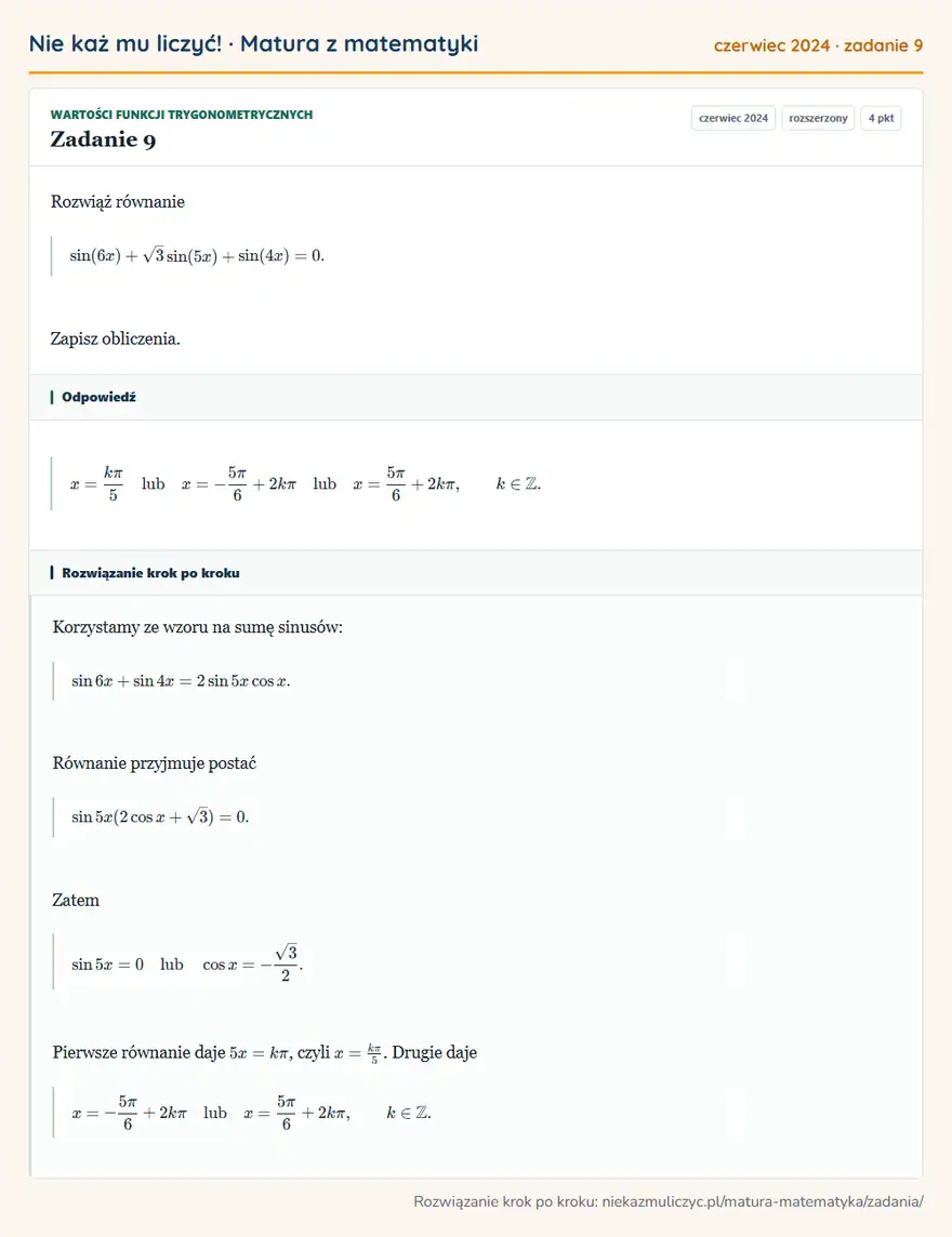 Rozwiązanie zadania 9 (matura z matematyki czerwiec 2024): Rozwiąż równanie sin(6x)+√3sin(5x)+sin(4x)=0. Zapisz obliczenia.