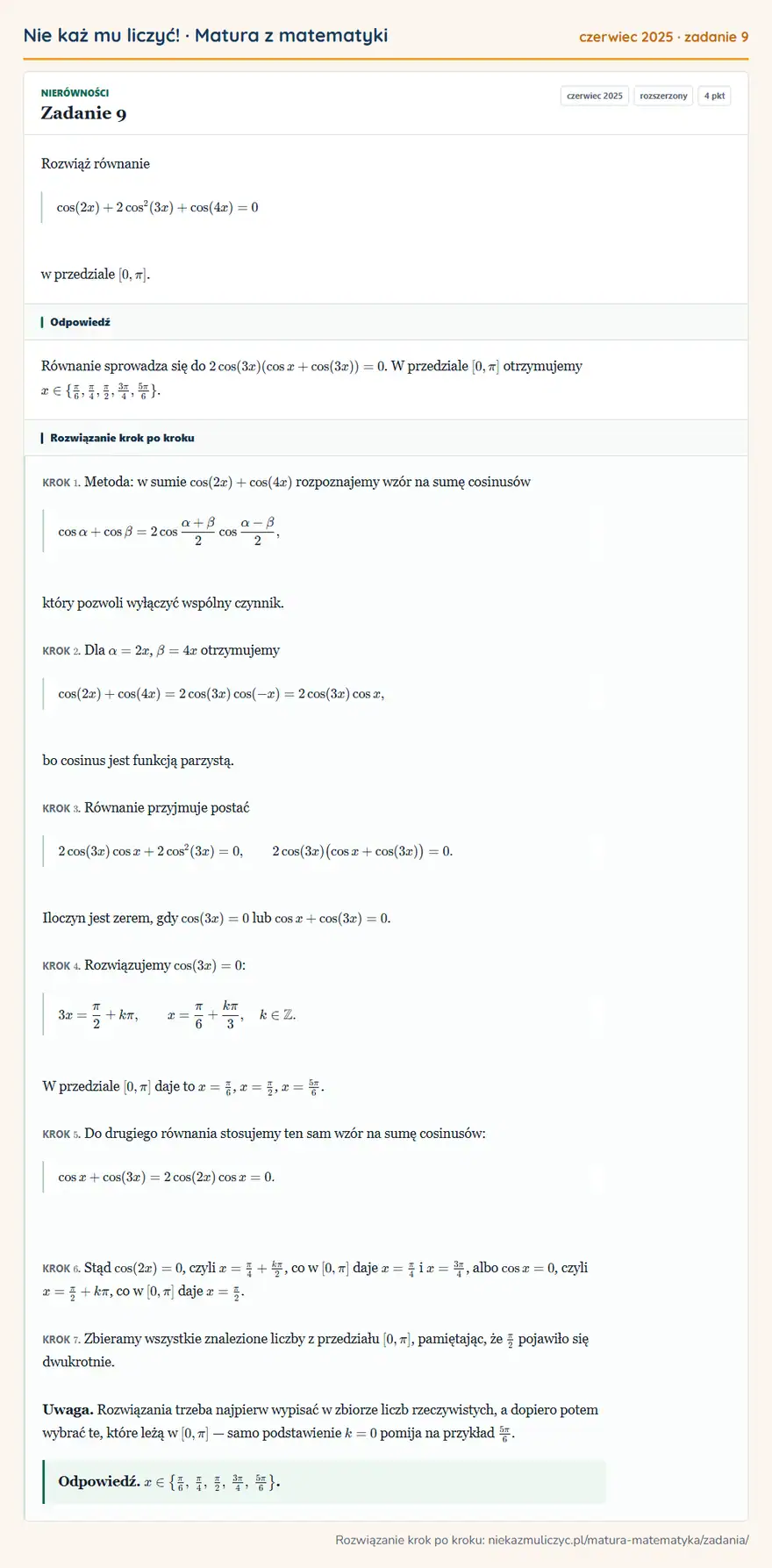 Rozwiązanie zadania 9 (matura z matematyki czerwiec 2025): Rozwiąż równanie cos(2x)+2cos²(3x)+cos(4x)=0 w przedziale [0,π].