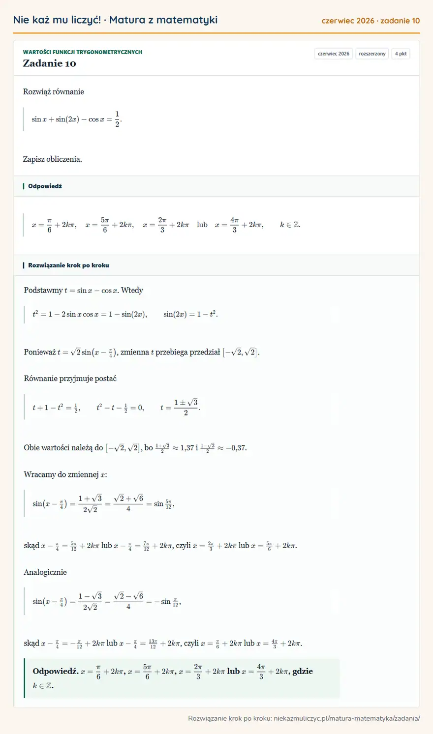 Rozwiązanie zadania 10 (matura z matematyki czerwiec 2026): Rozwiąż równanie sin x+sin(2x)-cos x=1/2. Zapisz obliczenia.