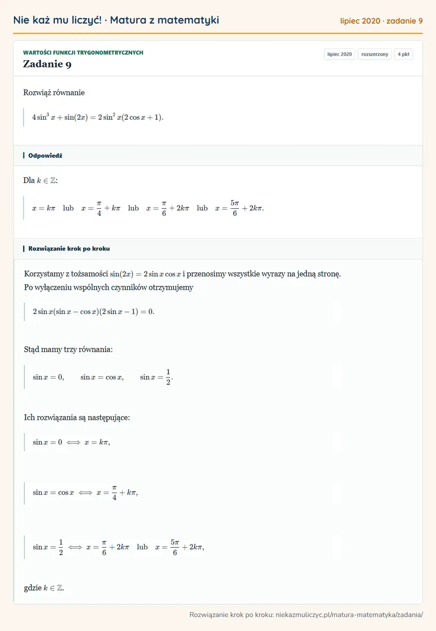 Rozwiązanie zadania 9 (matura z matematyki lipiec 2020): Rozwiąż równanie 4sin³x+sin(2x)=2sin²x(2cos x+1).