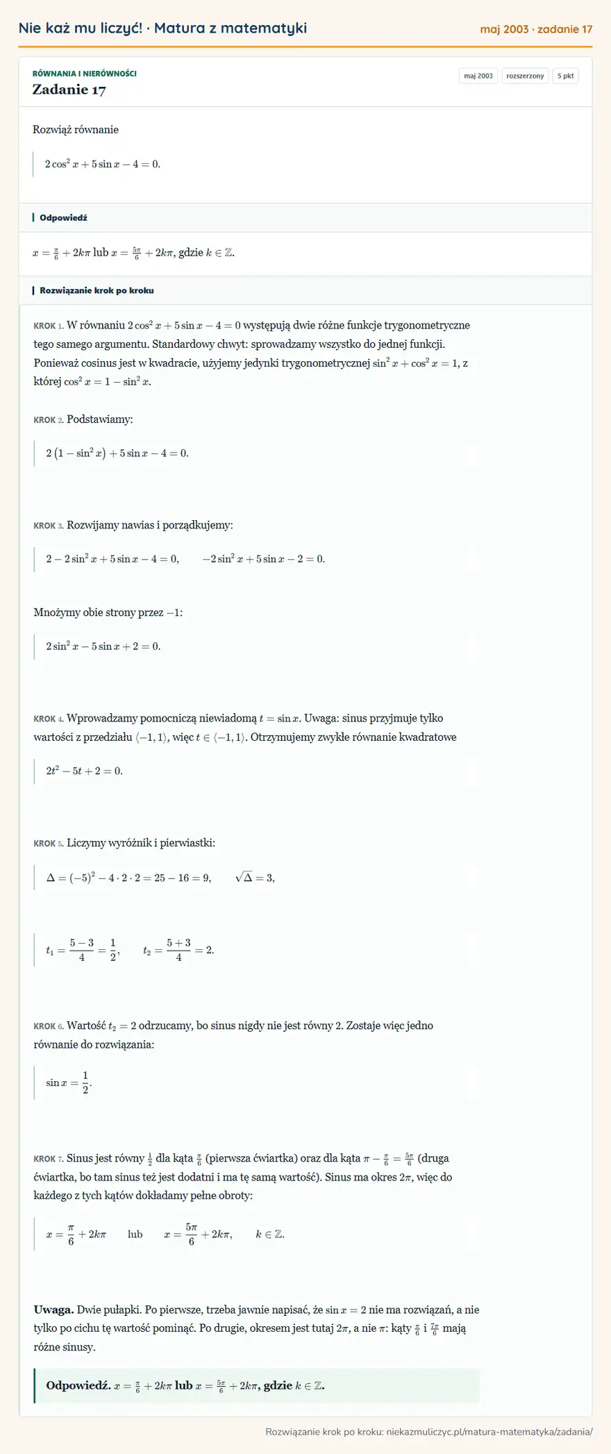 Rozwiązanie zadania 17 (matura z matematyki maj 2003): Rozwiąż równanie 2cos²x+5sin x-4=0.