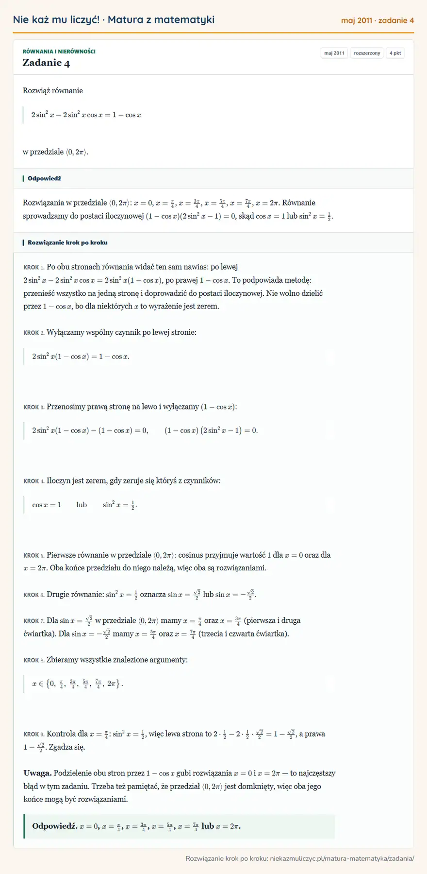 Rozwiązanie zadania 4 (matura z matematyki maj 2011): Rozwiąż równanie 2sin²x-2sin²xcos x=1-cos x w przedziale 0,2π.