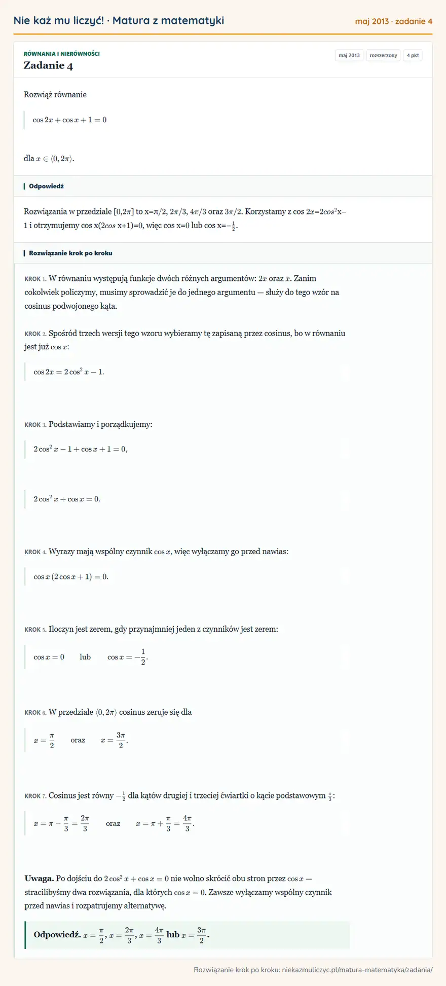 Rozwiązanie zadania 4 (matura z matematyki maj 2013): Rozwiąż równanie cos2x+cos x+1=0 dla x∈0,2π.