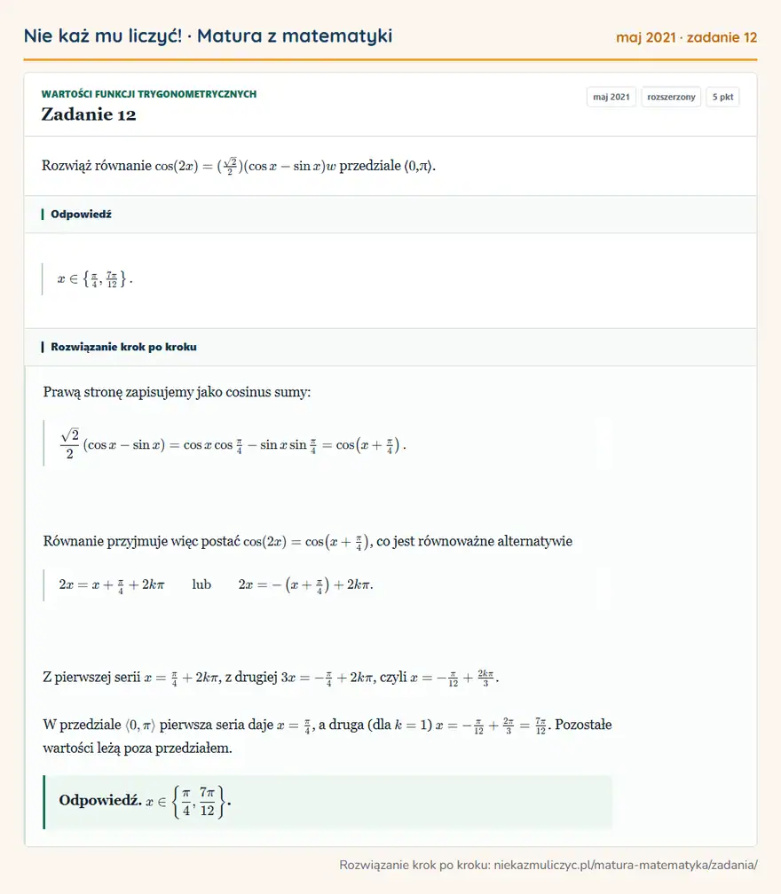 Rozwiązanie zadania 12 (matura z matematyki maj 2021): Rozwiąż równanie cos(2x)=(√2/2)(cos x-sin x) w przedziale ⟨ 0,π⟩.