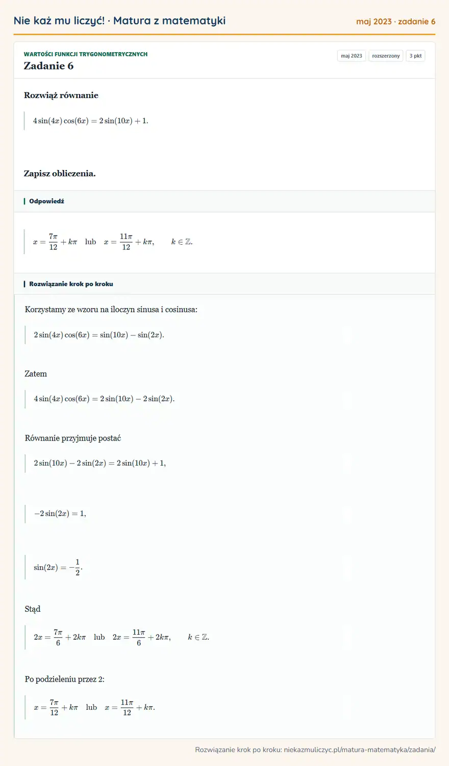 Rozwiązanie zadania 6 (matura z matematyki maj 2023): Rozwiąż równanie 4sin(4x)cos(6x)=2sin(10x)+1. Zapisz obliczenia.
