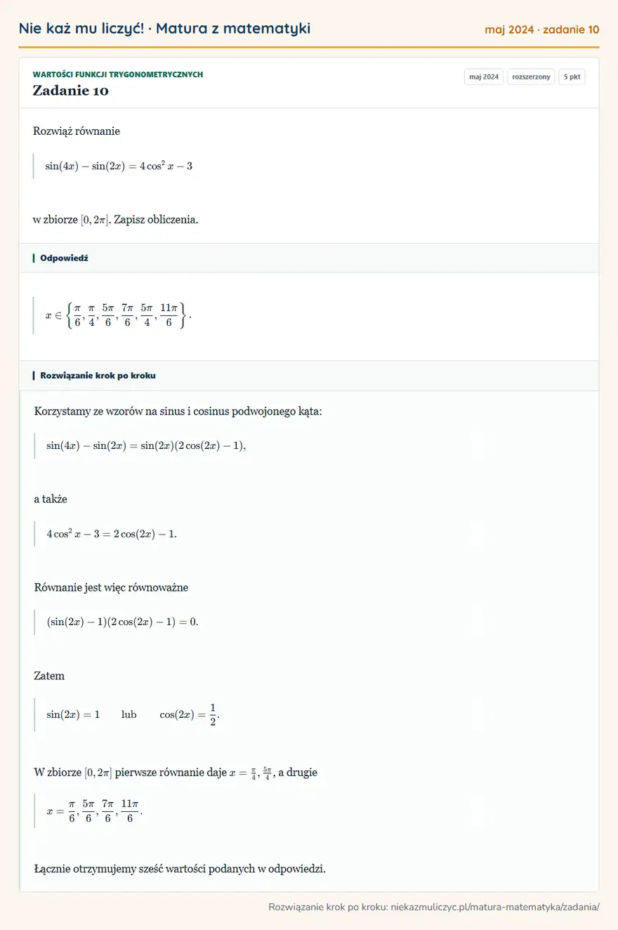 Rozwiązanie zadania 10 (matura z matematyki maj 2024): Rozwiąż równanie sin(4x)-sin(2x)=4cos²x-3 w zbiorze [0,2π]. Zapisz obliczenia.