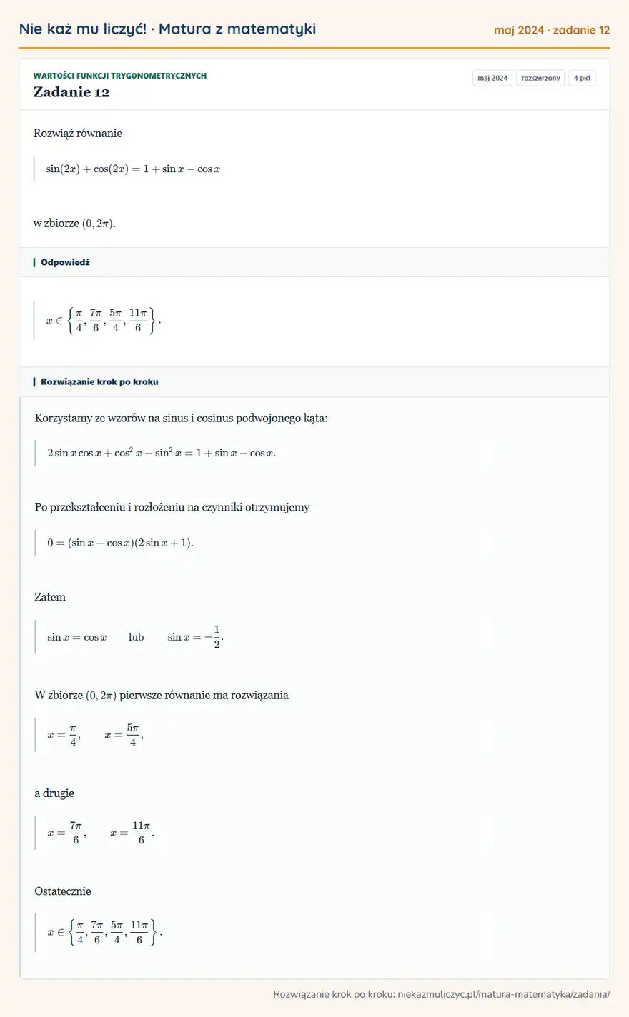 Rozwiązanie zadania 12 (matura z matematyki maj 2024): Rozwiąż równanie sin(2x)+cos(2x)=1+sin x-cos x w zbiorze (0,2π).